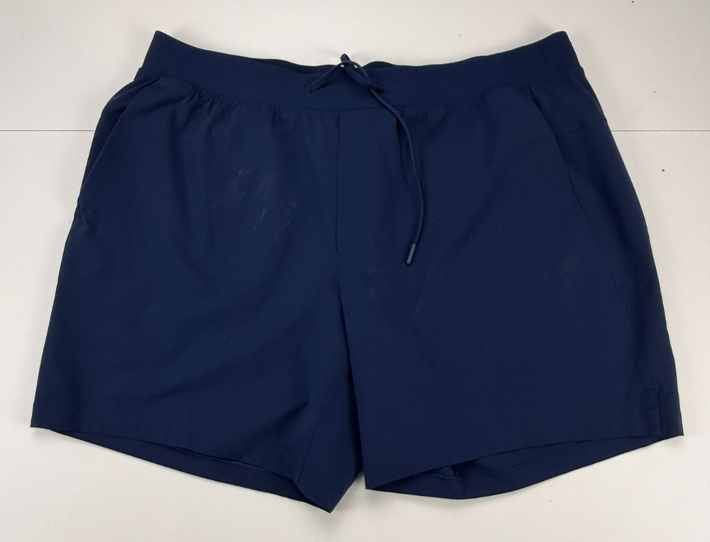 Lululemon Mens XXL Navy Blue Linerless Athletic Training Shorts Zip Pocket
